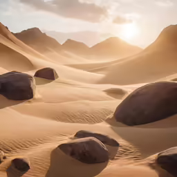 a desert scene with sun and rocks