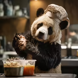 a brown bear wearing a chef hat and black jacket and holding a food bowl in his hand