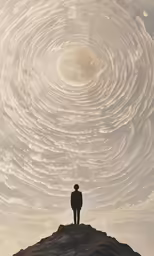 the man standing on top of the hill looking at a circle of white clouds