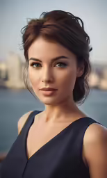 a woman with brown eyes looking over her shoulder