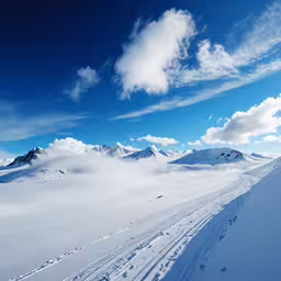 a sky view of the snowy mountains covered in clouds