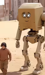 a boy walks past a large robot