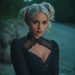 a woman with an elegant black outfit and long hair