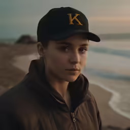 a woman with brown eyes is wearing a black hat