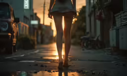 a woman walking down a street next to a parked car