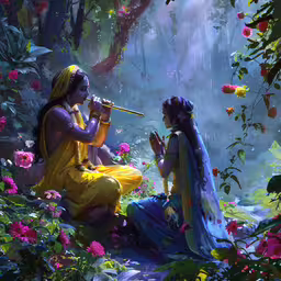 two girls are sitting in the woods, playing flute music,the woman in yellow and blue clothing is drinking water