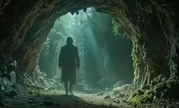 the man is standing in front of a light in a cave