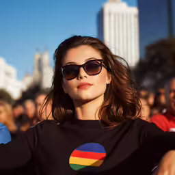 a woman in sunglasses and shirt in front of a crowd