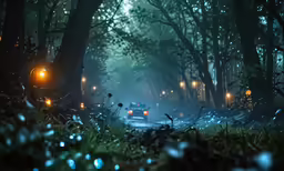 cars driving through the rain in the dark