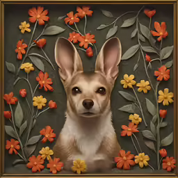 a painting of a small brown dog with orange flowers