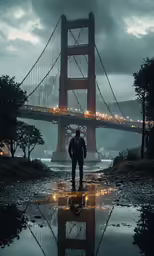 a man walking along a road in front of a suspension bridge