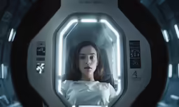 the girl is seen looking at herself in the mirror