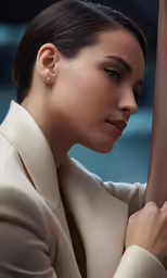 a close up of a woman wearing a jacket