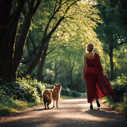 woman in red gown walking down a road behind a dog
