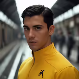 a man with short dark hair wearing a yellow shirt