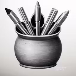 pencils are lined up in a black and white container