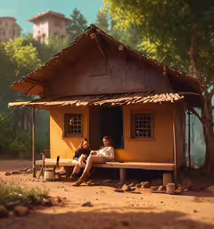 two women are sitting on a wooden bench outside of a small building,a woman and boy sitting on a wooden bench in front of a house
