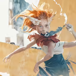 a girl in a bow tie and a dress with horns runs through water