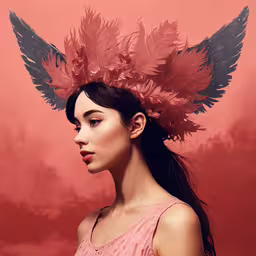 girl with large red bird wings on her head,the girl with the black and red feathers on her head