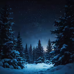 the woods are covered with snow as a night sky with stars above