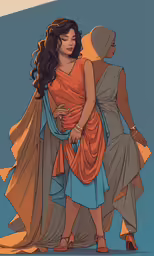 two women dressed in orange and blue clothing, one carrying a purse