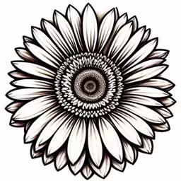 an image of a sunflower drawn in ink,a sunflower on a white background with a black and white drawing