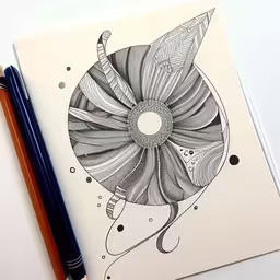 an ink drawing on a notebook with some pencils,a black and white photo of a notebook