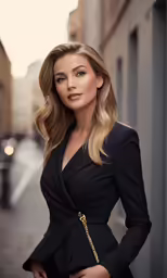 woman in black dress posing on sidewalk in city