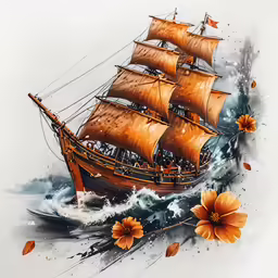 a large boat in the ocean with flowers on the side