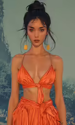 the painting shows a woman in an orange dress