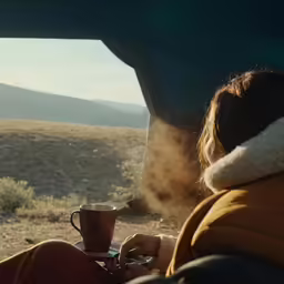 a woman is looking out the window while holding a cup