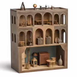 a fake house with several shelves and furniture on it