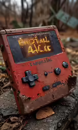 a close up of a game box on top of a tree trunk