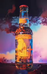 a bottle with water is shown in front of a colorful background