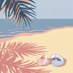 some palm trees and an ocean with an umbrella