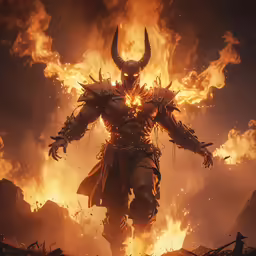 a demonic creature standing in a blazing area