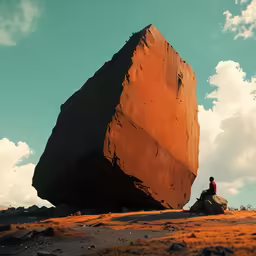 a person sitting near a large rock and blue sky
