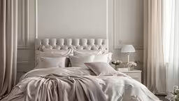 a white bed topped with lots of pillows and blankets,an elegant bed with white linens and grey linens
