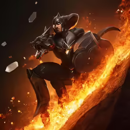 a fantasy woman in armor riding on fire
