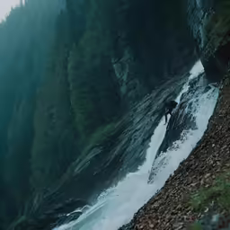 a person on a snowboard rides a waterfall