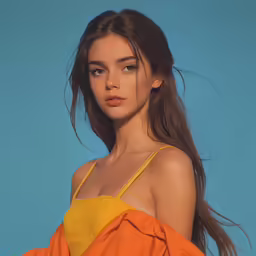 a woman wearing an orange top looking into the camera