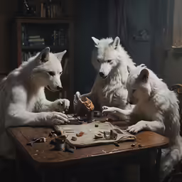 two white wolfs playing with something in the shape of a dice