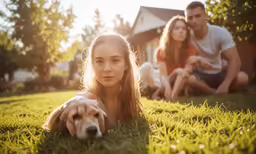 the family is sitting in a park with their dog
