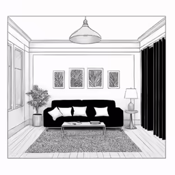 this living room is a sketched drawing and black and white
