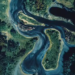 an aerial view of a river with blue water