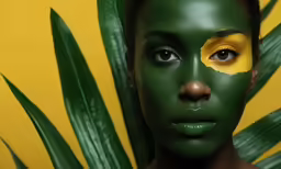 a woman with green and yellow painted on her face
