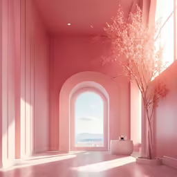 an archway leads into the pink room in front of the tree