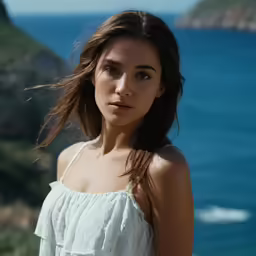 a beautiful young woman standing next to the ocean