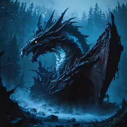 the dark creature with bright glowing eyes sits in the dark