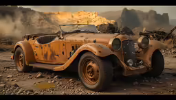 a rusted old car sits in a dusty valley